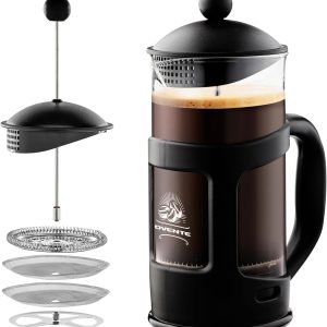 OVENTE French Press Coffee Maker 12 Ounce with Heat Resistant Borosilicate Glass & Stainless Steel 4-Level Filtration System, Portable Cold Brew Coffee Maker for Travel, Camping or Gift, Black FPT12B