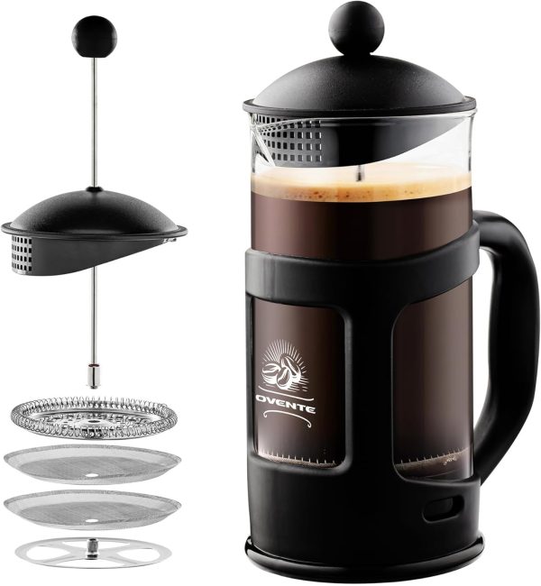 OVENTE French Press Coffee Maker 12 Ounce with Heat Resistant Borosilicate Glass & Stainless Steel 4-Level Filtration System, Portable Cold Brew Coffee Maker for Travel, Camping or Gift, Black FPT12B