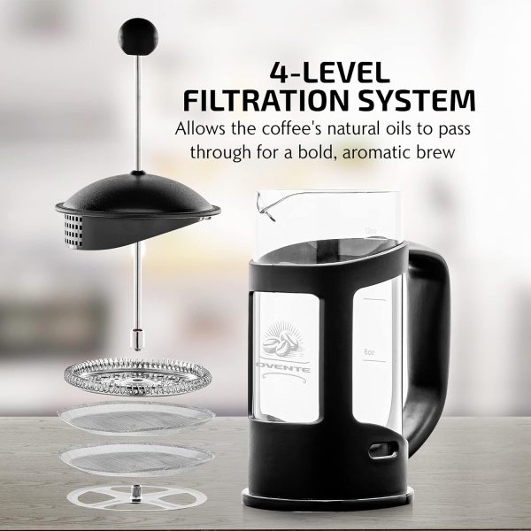 OVENTE French Press Coffee Maker 12 Ounce with Heat Resistant Borosilicate Glass & Stainless Steel 4-Level Filtration System, Portable Cold Brew Coffee Maker for Travel, Camping or Gift, Black FPT12B - Image 3