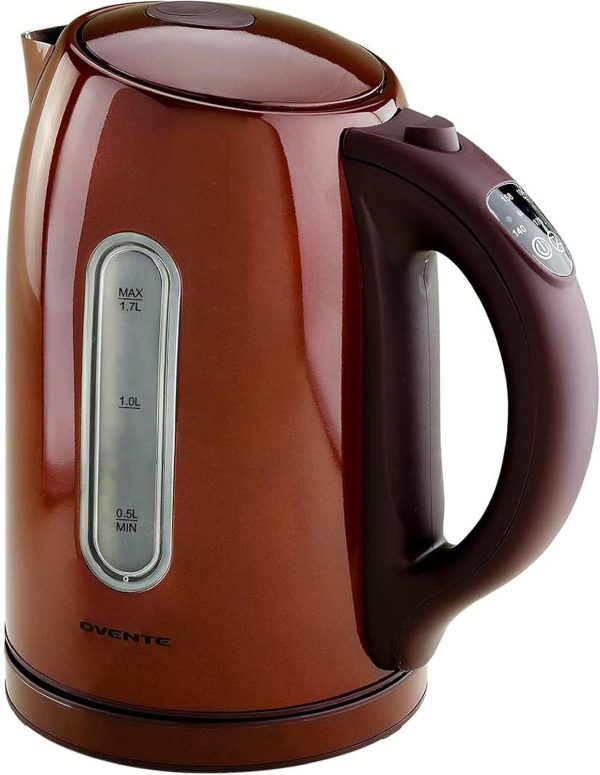 Ovente Electric Stainless Steel Hot Water Kettle 1.7 Liter with 5 Temperature Control & Concealed Heating Element, BPA-Free 1100 Watt Tea Maker with Auto Shut-Off and Keep Warm Setting, Brown KS89BR