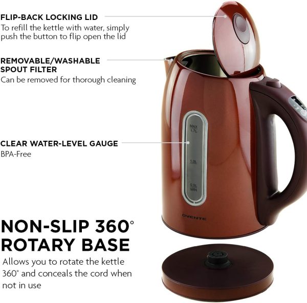 Ovente Electric Stainless Steel Hot Water Kettle 1.7 Liter with 5 Temperature Control & Concealed Heating Element, BPA-Free 1100 Watt Tea Maker with Auto Shut-Off and Keep Warm Setting, Brown KS89BR - Image 2