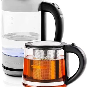 OVENTE 1.7L Electric Kettle and Tea Maker Pot Combo, 1500W BPA Free Water Boiler Heater with Easy to Fill Lid, 27oz Borosilicate Glass Teapot, Removable Stainless Steel Infuser, Silver KG612S + FGK27B