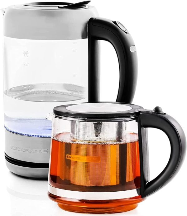 OVENTE 1.7L Electric Kettle and Tea Maker Pot Combo, 1500W BPA Free Water Boiler Heater with Easy to Fill Lid, 27oz Borosilicate Glass Teapot, Removable Stainless Steel Infuser, Silver KG612S + FGK27B