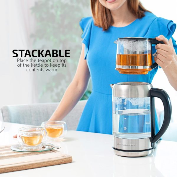 OVENTE 1.7L Electric Kettle and Tea Maker Pot Combo, 1500W BPA Free Water Boiler Heater with Easy to Fill Lid, 27oz Borosilicate Glass Teapot, Removable Stainless Steel Infuser, Silver KG612S + FGK27B - Image 2