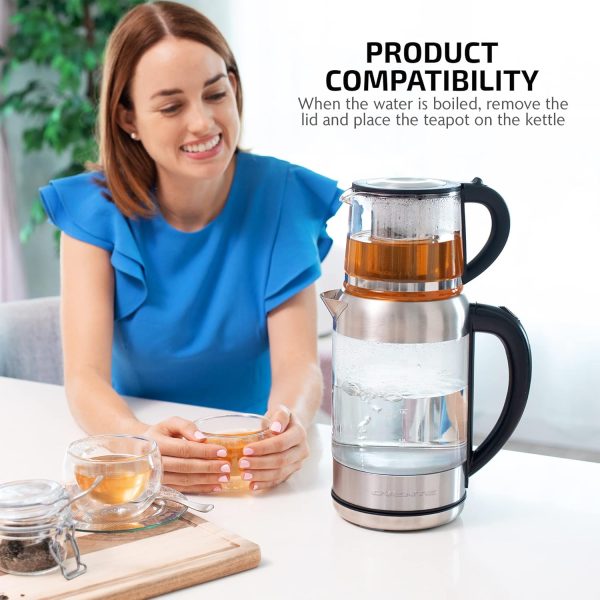 OVENTE 1.7L Electric Kettle and Tea Maker Pot Combo, 1500W BPA Free Water Boiler Heater with Easy to Fill Lid, 27oz Borosilicate Glass Teapot, Removable Stainless Steel Infuser, Silver KG612S + FGK27B - Image 3