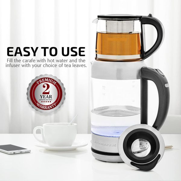 OVENTE 1.7L Electric Kettle and Tea Maker Pot Combo, 1500W BPA Free Water Boiler Heater with Easy to Fill Lid, 27oz Borosilicate Glass Teapot, Removable Stainless Steel Infuser, Silver KG612S + FGK27B - Image 4