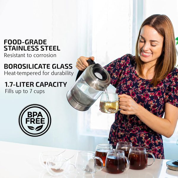 OVENTE 1.7L Electric Kettle and Tea Maker Pot Combo, 1500W BPA Free Water Boiler Heater with Easy to Fill Lid, 27oz Borosilicate Glass Teapot, Removable Stainless Steel Infuser, Silver KG612S + FGK27B - Image 10