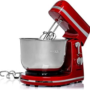 Ovente Electric Kitchen Stand Mixer with 3.7 Quart Portable Stainless Steel Mixing Bowl 6 Speed Control, 300 Watt Power 2 Blender Attachment Beater & Dough Hook Easy for Whip Mix & Blend, Red SM880RI