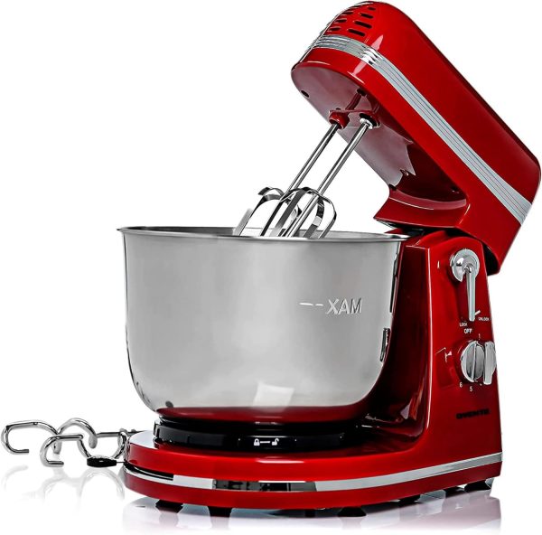 Ovente Electric Kitchen Stand Mixer with 3.7 Quart Portable Stainless Steel Mixing Bowl 6 Speed Control, 300 Watt Power 2 Blender Attachment Beater & Dough Hook Easy for Whip Mix & Blend, Red SM880RI