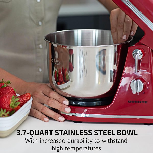 Ovente Electric Kitchen Stand Mixer with 3.7 Quart Portable Stainless Steel Mixing Bowl 6 Speed Control, 300 Watt Power 2 Blender Attachment Beater & Dough Hook Easy for Whip Mix & Blend, Red SM880RI - Image 2