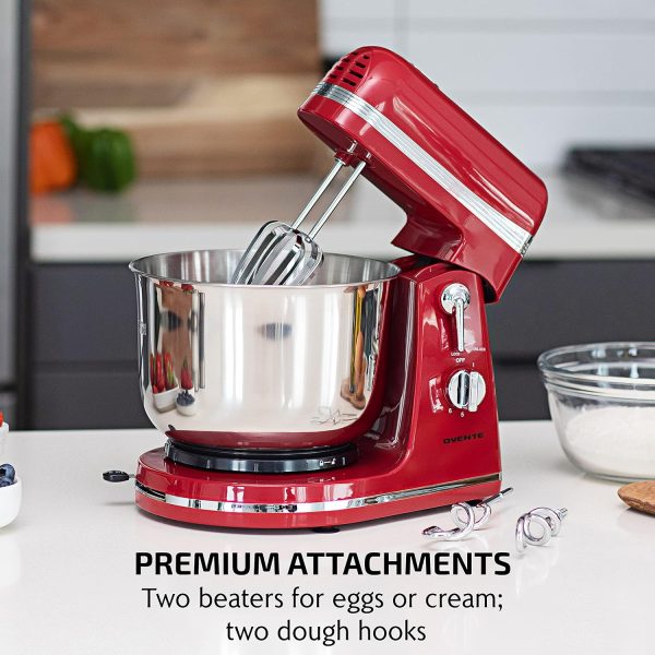 Ovente Electric Kitchen Stand Mixer with 3.7 Quart Portable Stainless Steel Mixing Bowl 6 Speed Control, 300 Watt Power 2 Blender Attachment Beater & Dough Hook Easy for Whip Mix & Blend, Red SM880RI - Image 3