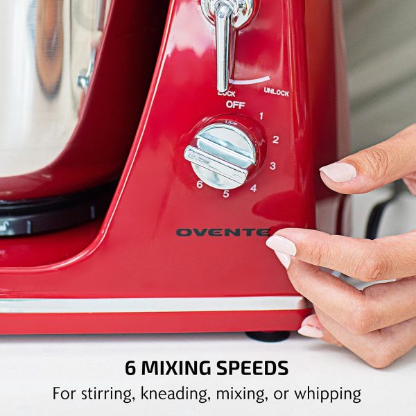 Ovente Electric Kitchen Stand Mixer with 3.7 Quart Portable Stainless Steel Mixing Bowl 6 Speed Control, 300 Watt Power 2 Blender Attachment Beater & Dough Hook Easy for Whip Mix & Blend, Red SM880RI - Image 4