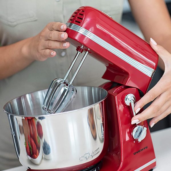 Ovente Electric Kitchen Stand Mixer with 3.7 Quart Portable Stainless Steel Mixing Bowl 6 Speed Control, 300 Watt Power 2 Blender Attachment Beater & Dough Hook Easy for Whip Mix & Blend, Red SM880RI - Image 7