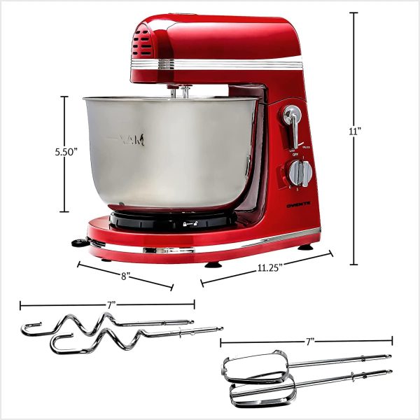 Ovente Electric Kitchen Stand Mixer with 3.7 Quart Portable Stainless Steel Mixing Bowl 6 Speed Control, 300 Watt Power 2 Blender Attachment Beater & Dough Hook Easy for Whip Mix & Blend, Red SM880RI - Image 11