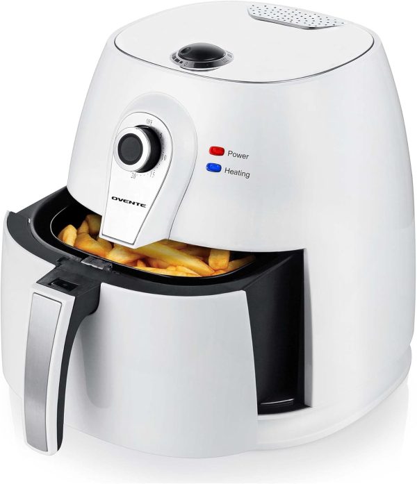 OVENTE Compact Air Fryer, 3.2 Quart Electric Hot Cooker with 1400W Power, Adjustable Temperature, Auto Shutoff, Dishwasher Safe Non-Stick Basket, Perfect for Healthy and Oilless Food, White FAM21302W