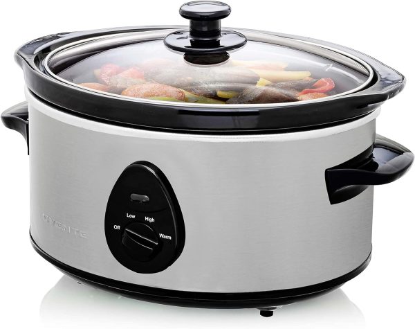 OVENTE Electric Slow Cooker with 3 Cooking Settings, Non-Stick and Dishwasher Safe Stoneware, Stainless Steel Body, Glass Lid, 3.7 Qt Oval Pot for Entrees, Soups, Sauces, Stews & Dips, Silver SLO35ABR
