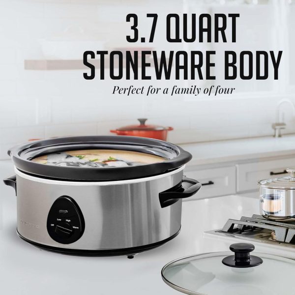 OVENTE Electric Slow Cooker with 3 Cooking Settings, Non-Stick and Dishwasher Safe Stoneware, Stainless Steel Body, Glass Lid, 3.7 Qt Oval Pot for Entrees, Soups, Sauces, Stews & Dips, Silver SLO35ABR - Image 2