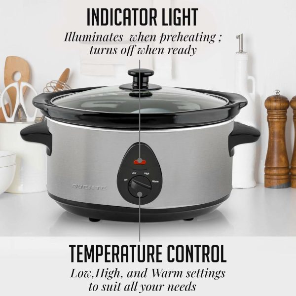 OVENTE Electric Slow Cooker with 3 Cooking Settings, Non-Stick and Dishwasher Safe Stoneware, Stainless Steel Body, Glass Lid, 3.7 Qt Oval Pot for Entrees, Soups, Sauces, Stews & Dips, Silver SLO35ABR - Image 3