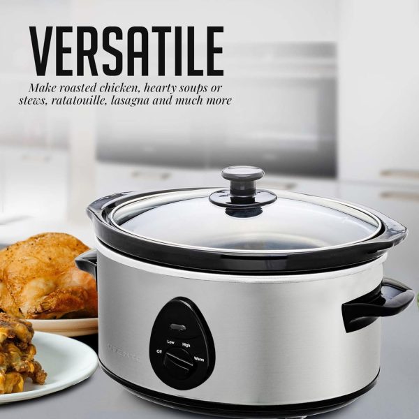 OVENTE Electric Slow Cooker with 3 Cooking Settings, Non-Stick and Dishwasher Safe Stoneware, Stainless Steel Body, Glass Lid, 3.7 Qt Oval Pot for Entrees, Soups, Sauces, Stews & Dips, Silver SLO35ABR - Image 4
