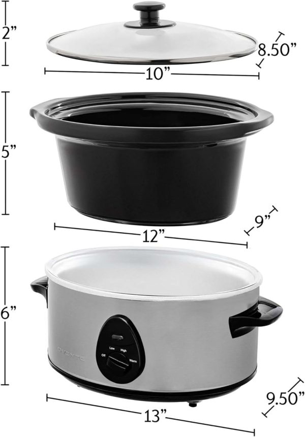 OVENTE Electric Slow Cooker with 3 Cooking Settings, Non-Stick and Dishwasher Safe Stoneware, Stainless Steel Body, Glass Lid, 3.7 Qt Oval Pot for Entrees, Soups, Sauces, Stews & Dips, Silver SLO35ABR - Image 6