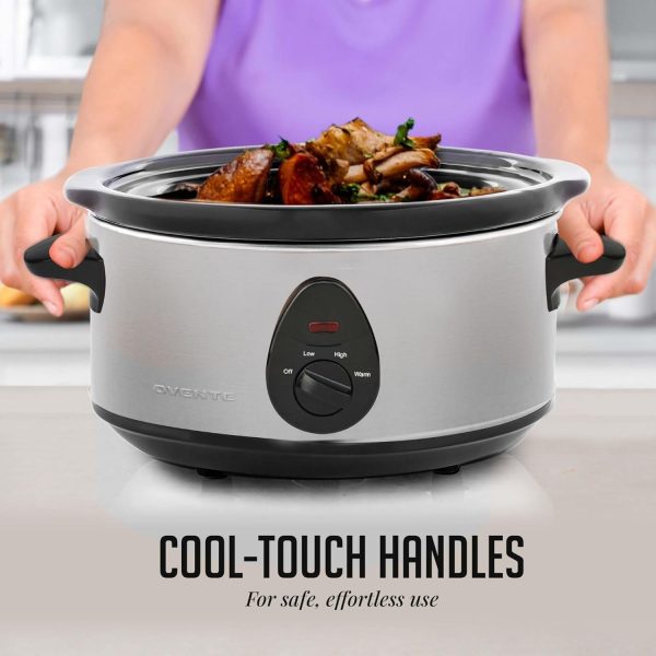 OVENTE Electric Slow Cooker with 3 Cooking Settings, Non-Stick and Dishwasher Safe Stoneware, Stainless Steel Body, Glass Lid, 3.7 Qt Oval Pot for Entrees, Soups, Sauces, Stews & Dips, Silver SLO35ABR - Image 7