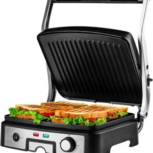 OVENTE Electric Panini Press Sandwich Maker, 1500W Indoor Grill with Non-Stick Coated Plates, Temperature Control & Removable Drip Tray, Opens 180 Degrees to Fit Any Type/Size of Food, Silver GP1861BR