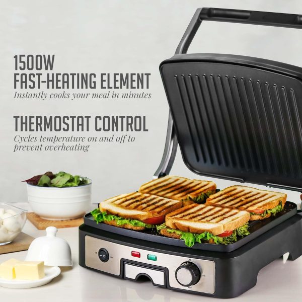 OVENTE Electric Panini Press Sandwich Maker, 1500W Indoor Grill with Non-Stick Coated Plates, Temperature Control & Removable Drip Tray, Opens 180 Degrees to Fit Any Type/Size of Food, Silver GP1861BR - Image 3