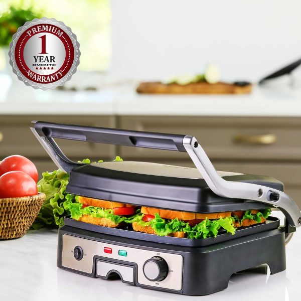 OVENTE Electric Panini Press Sandwich Maker, 1500W Indoor Grill with Non-Stick Coated Plates, Temperature Control & Removable Drip Tray, Opens 180 Degrees to Fit Any Type/Size of Food, Silver GP1861BR - Image 9