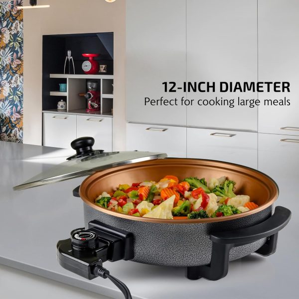OVENTE 12 Inch Electric Skillet and Frying Pan with Nonstick Coating, 1400W Power, Adjustable Temperature Control, Tempered Glass Lid with Vent and Cool Touch Handles, Copper SK11112CO - Image 2