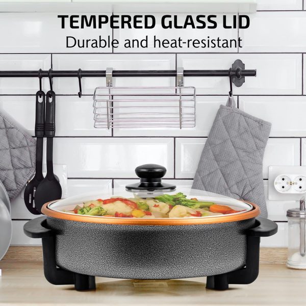 OVENTE 12 Inch Electric Skillet and Frying Pan with Nonstick Coating, 1400W Power, Adjustable Temperature Control, Tempered Glass Lid with Vent and Cool Touch Handles, Copper SK11112CO - Image 3