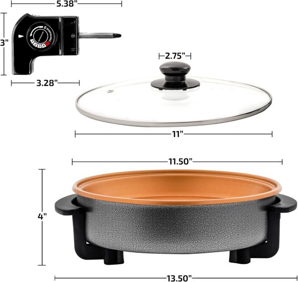 OVENTE 12 Inch Electric Skillet and Frying Pan with Nonstick Coating, 1400W Power, Adjustable Temperature Control, Tempered Glass Lid with Vent and Cool Touch Handles, Copper SK11112CO - Image 6