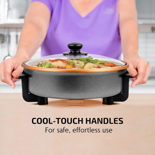 OVENTE 12 Inch Electric Skillet and Frying Pan with Nonstick Coating, 1400W Power, Adjustable Temperature Control, Tempered Glass Lid with Vent and Cool Touch Handles, Copper SK11112CO - Image 7
